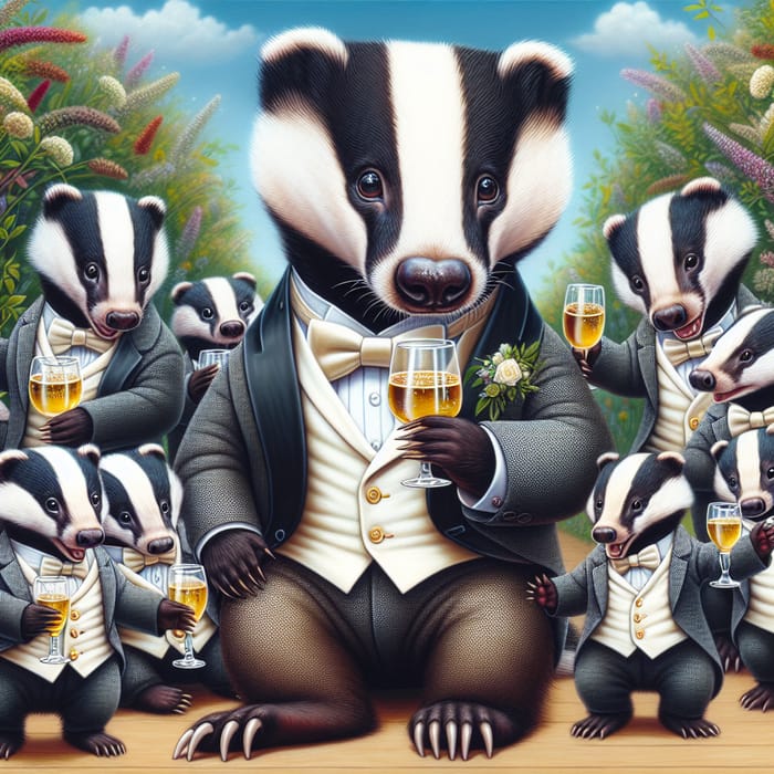 Cute Wedding Badger & Playful Little Ones Toasting Joyfully