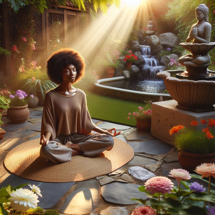 Tranquil Morning Meditation in Serene Garden with Black Woman Practicing