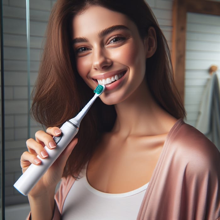 Caucasian Woman Brushing Teeth with Philips Electric Toothbrush