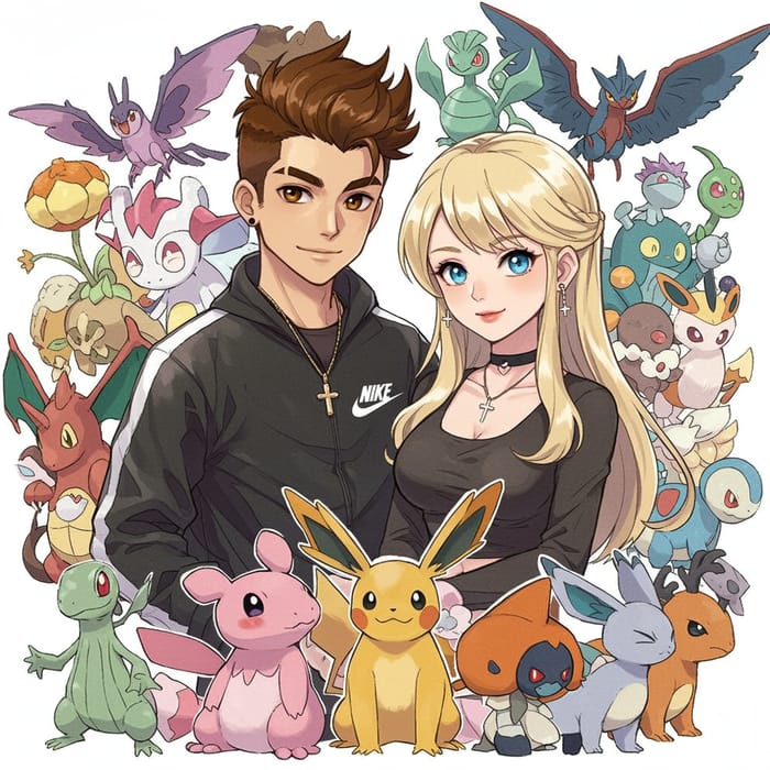 Couple Surrounded by All Pokémon Characters