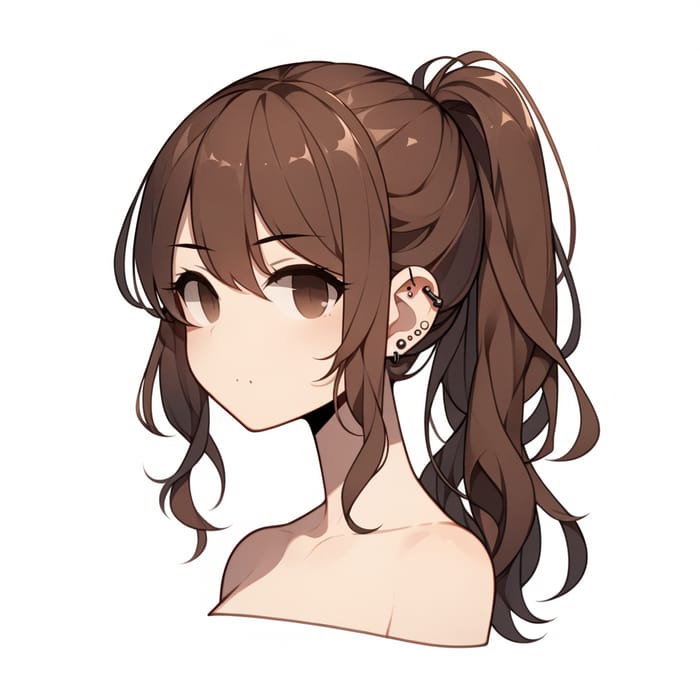 Nonchalant Anime Girl with Brown Hair and Subtle Piercings