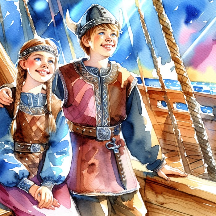 Teenage Vikings Smiling on Ship Deck - Summer Joy