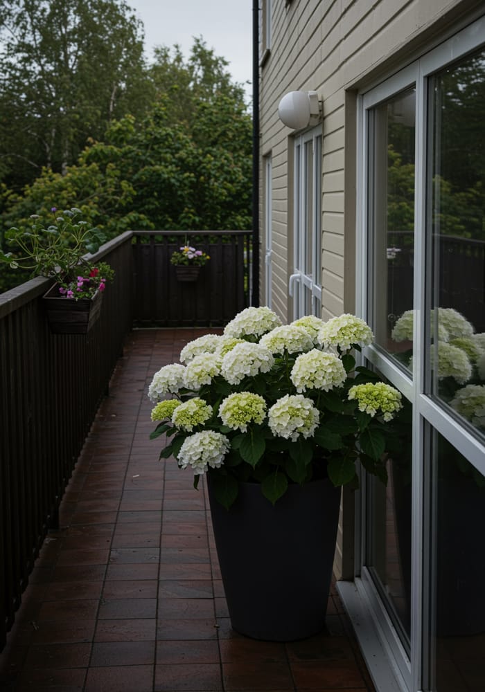 Mysterious Nursing Home Exterior with Hydrangeas