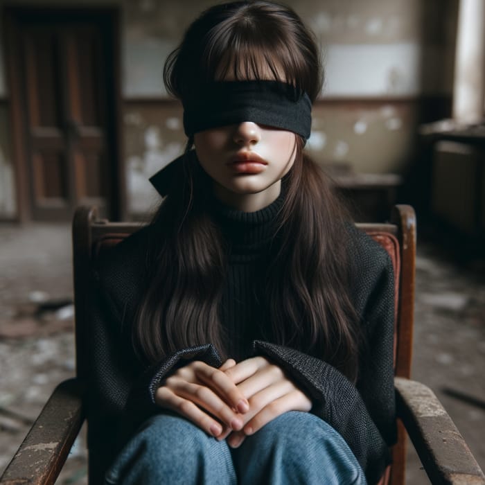 Teenager with Dark Hair Sitting in Old Armchair in Abandoned Building