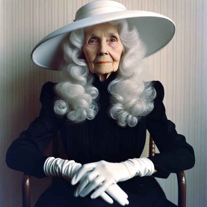 Vintage Lady in Stylish Black Dress and White Hat