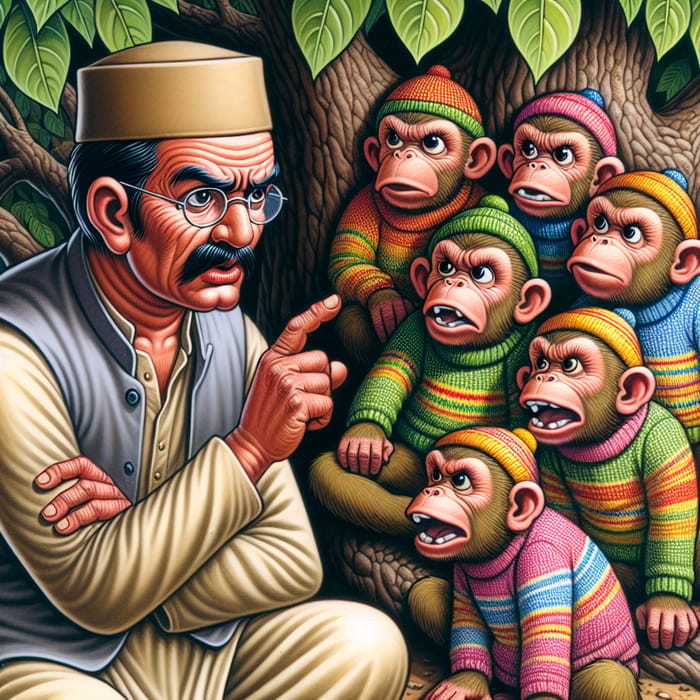 Village Man Scolding Cartoon Monkeys Under Tree