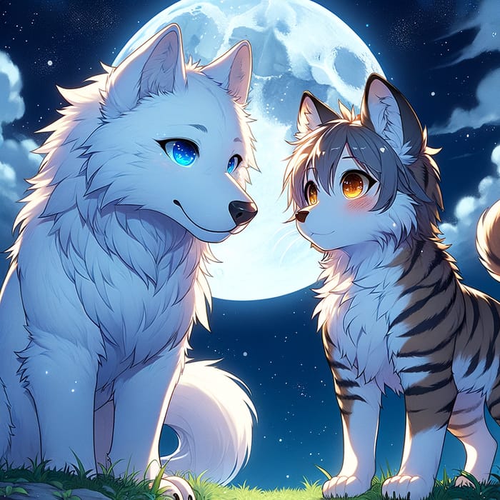 Wolf and White Tiger Affection | Night Sky Anime Fantasy