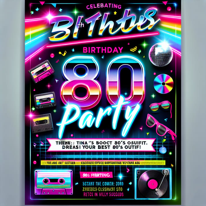 Tina's 50th Birthday 80s Party Invitation with Neon Lights