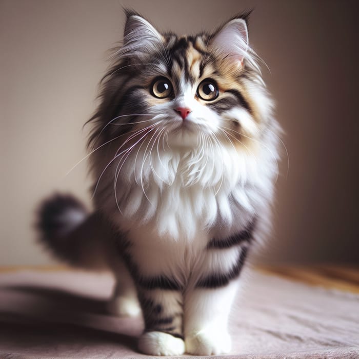 Fluffy Gray and White Domestic Cat | Cute and Curious Pose