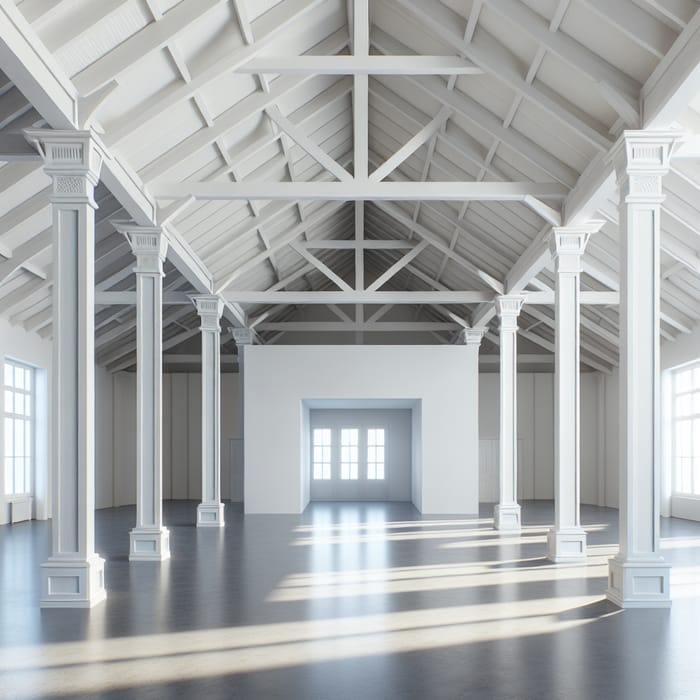 Spacious Exhibition Hall with Pitched Roof & White Interior