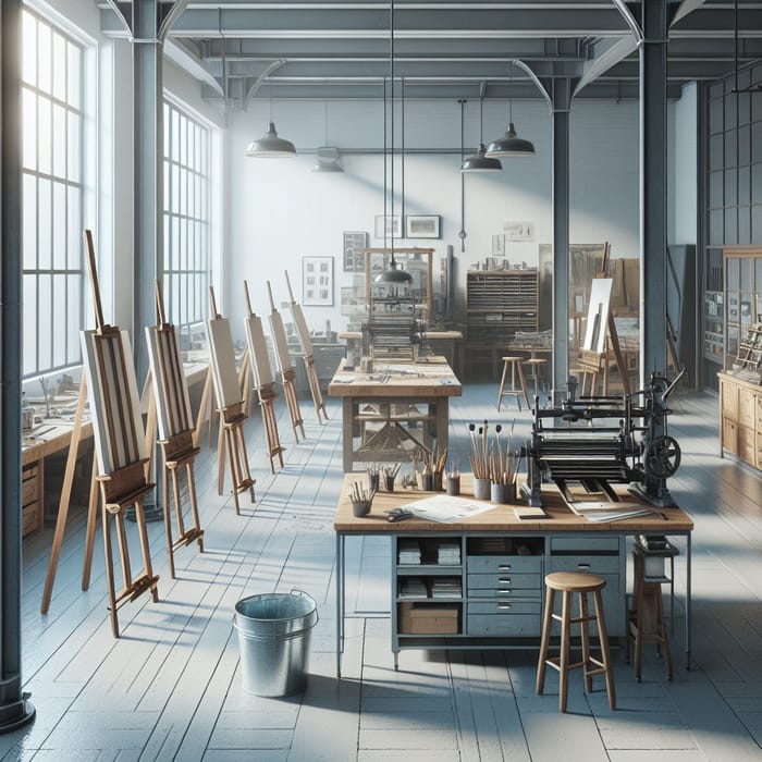 Spacious Workshop with Easels, Printing Press, and Work Tables