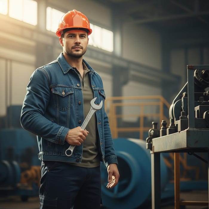 Worker Character in Uniform and Hard Hat