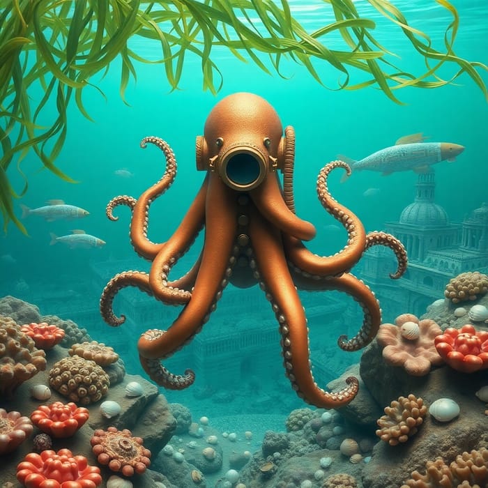 Surreal Underwater Landscape with Diving Suit Octopus