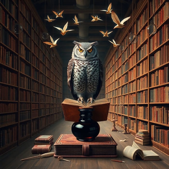 Surrealist Library with Book-Owl and Flying Bookmarks