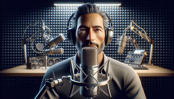 Hyper-Realistic Caucasian Male Podcaster in Soundproof Studio