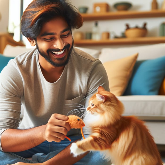 Man Playing with Ginger Cat in Cozy Environment