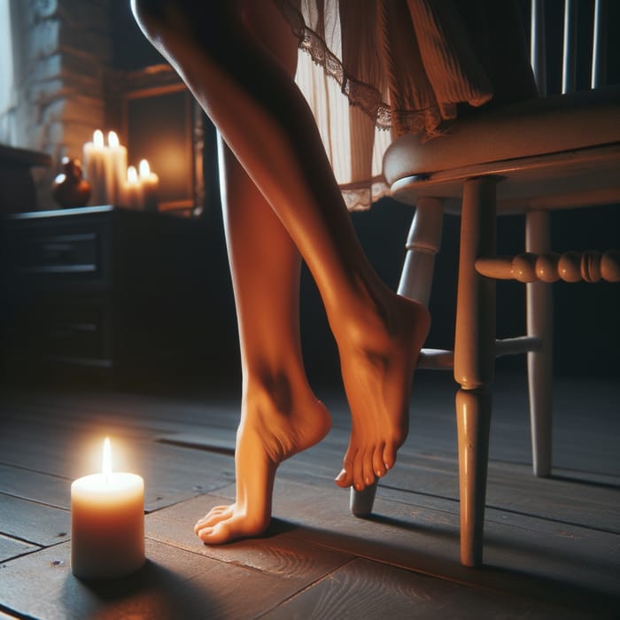 Cozy Atmosphere: Barefoot Girl in Candlelit Dark Room Cozy Atmosphere: Barefoot Girl in Candlelit Dark Room