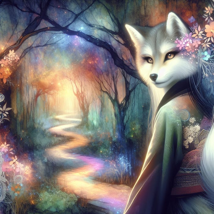 Mystical Forest Pathway Art: Enchanting Kitsune