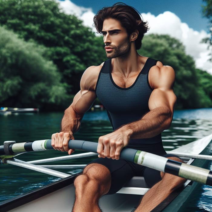 Handsome Guy Rowing a Boat in a Competitive Race Handsome Guy Rowing a Boat in a Competitive Race