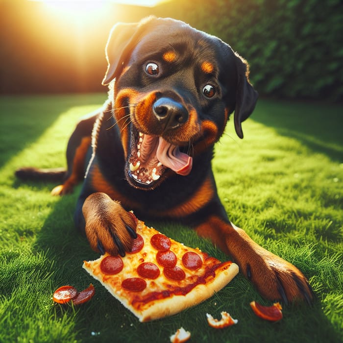 Joyful Rottweiler Devouring Pizza in Sunny Backyard