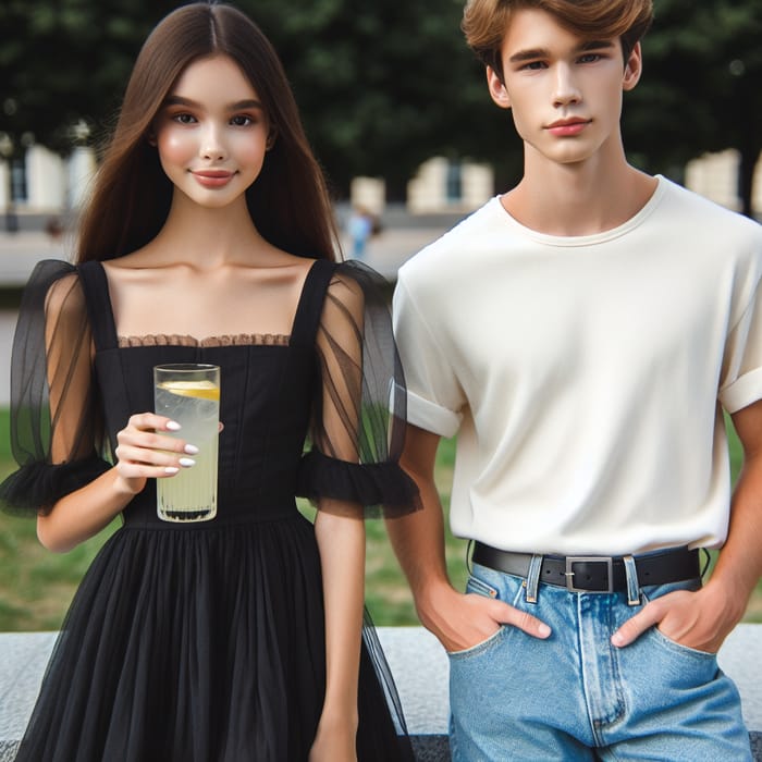 Fashionable Teenage Girl in Black Dress Enjoying Lemonade Outdoors