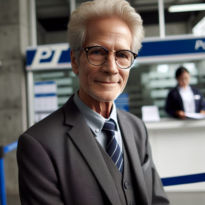 Elderly Man at Post Office - Calm and Determined Expression