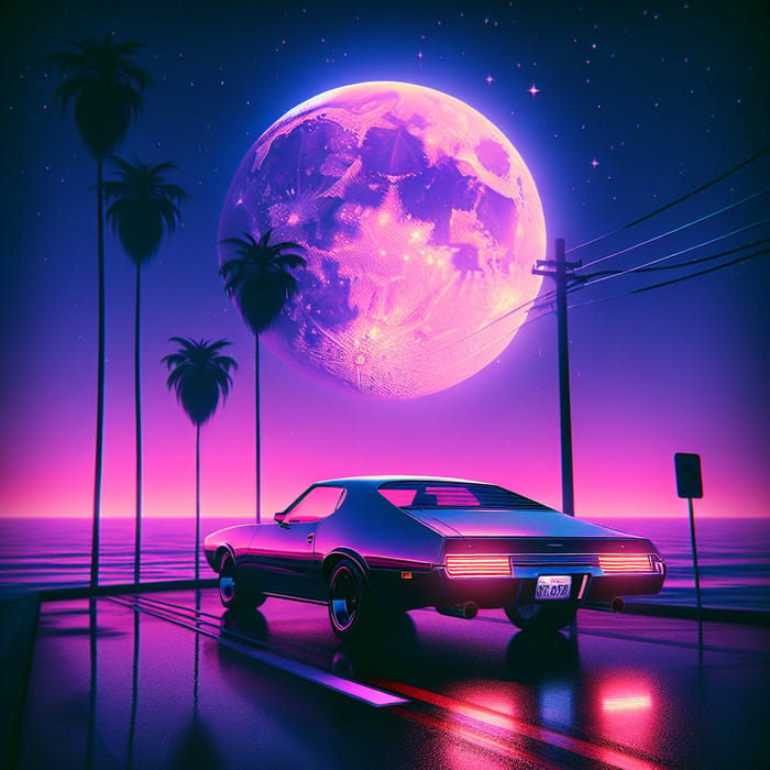 Vintage GTA Vice City Car Parked on Coastal Road at Dusk with Rising Full Moon