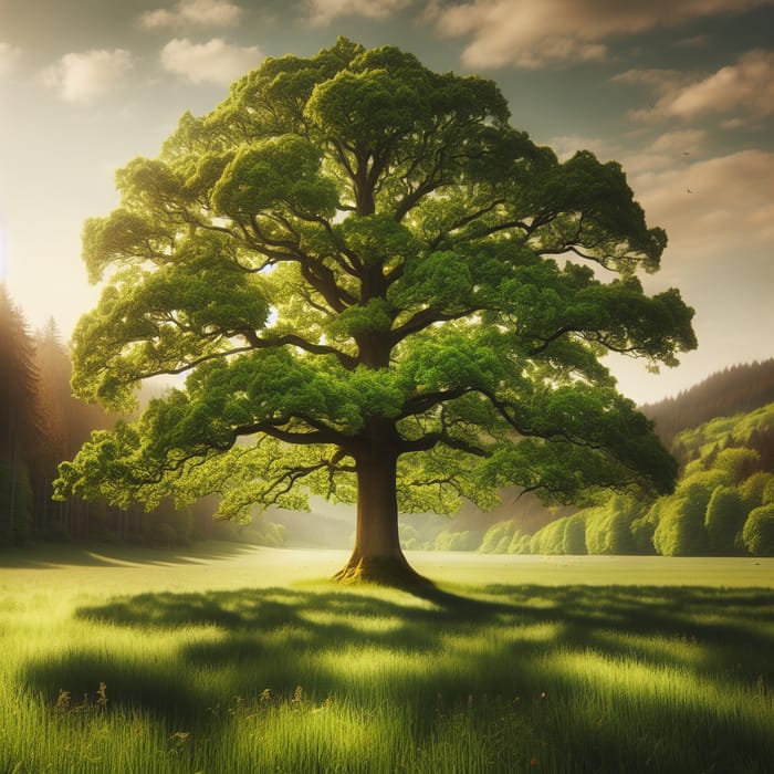 Beautiful Solitary Oak Tree in Green Meadow