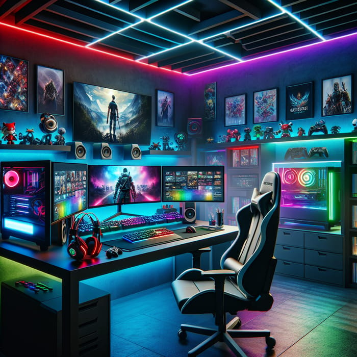 Ultimate Gaming Room Setup with Modern Consoles and LED Lighting