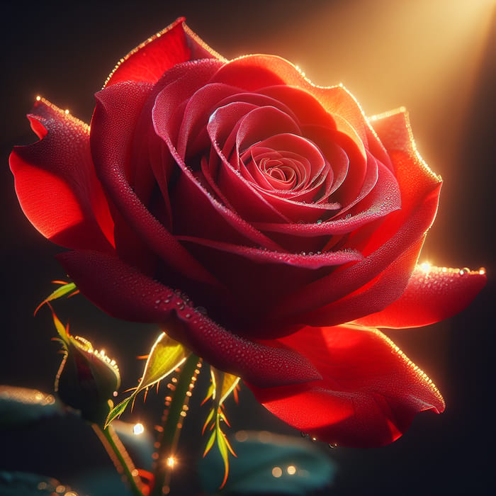 Vibrant Red Rose in Full Bloom - Close-Up Image with Dew Drops