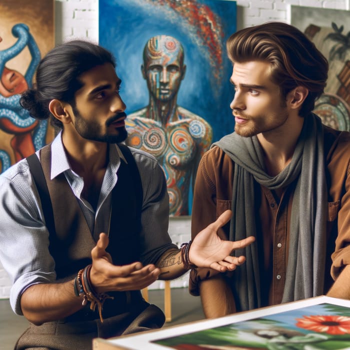 Interracial Gay Couple at Art Exhibition: Artist Meeting Musician