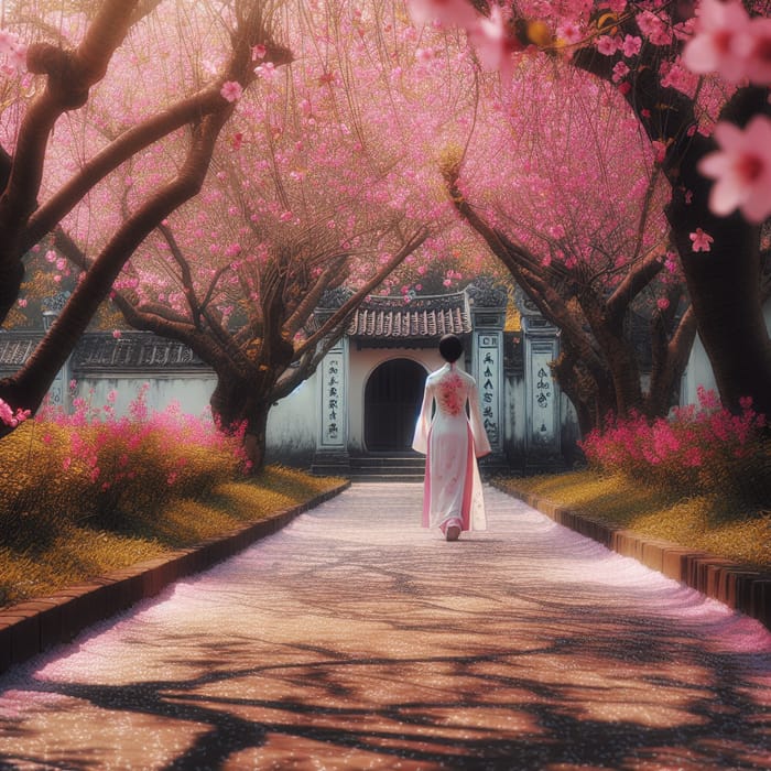 Vietnamese Woman Walking Amid Cherry Blossom Path