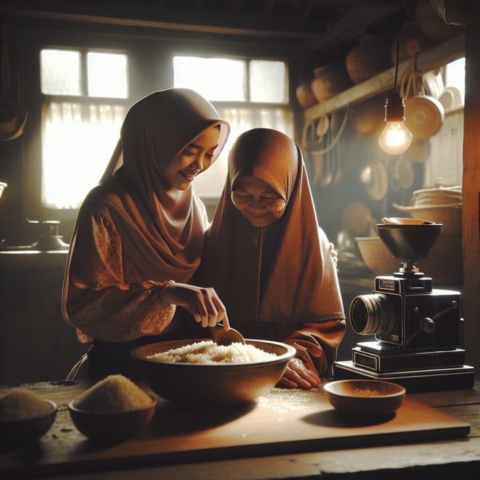 Muslim Grandmother and Daughter Cooking Rice in Warm Rustic Kitchen