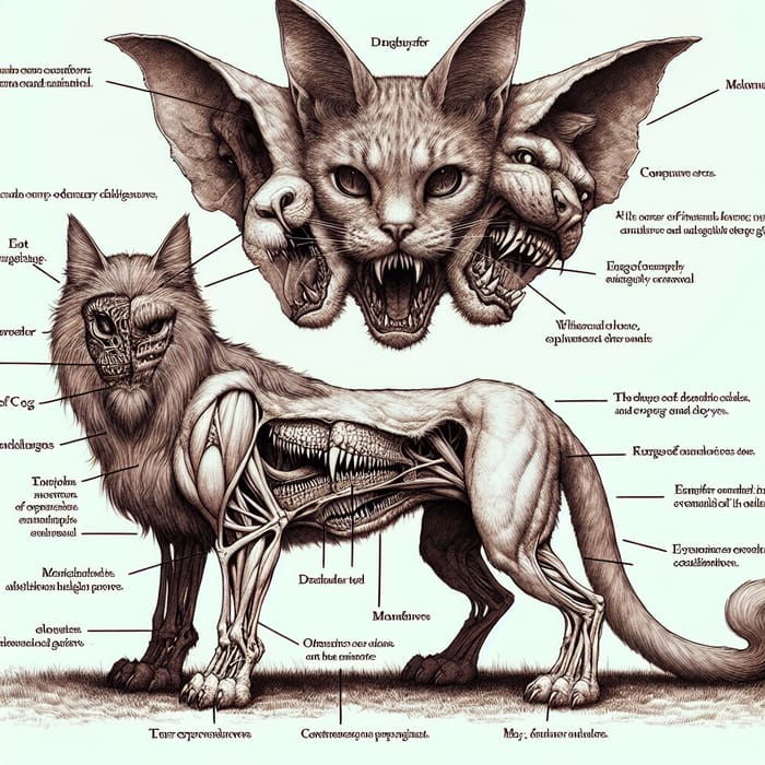 Mythical Hybrid: Cat with Dogs' Legs, Lion Tail, Cow Ears, Dinosaur Teeth