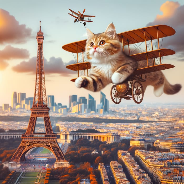 Cat Flying Over the Eiffel Tower - A Whimsical View