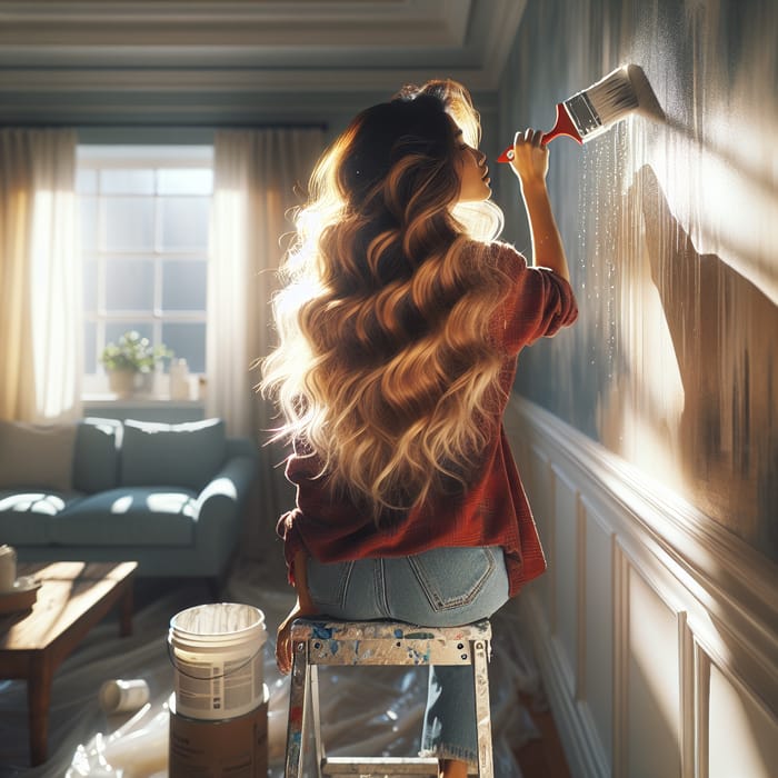 Blond Woman Painting Living Room Wall - Ethereal Tranquility