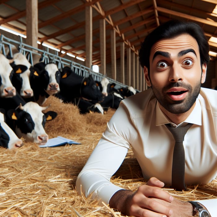 Middle-Eastern Businessman in Cow Manure with Disgusted Expression and Cows