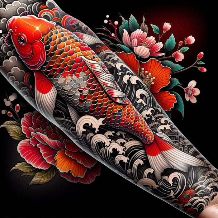 Vivid Koi Fish Arm Tattoo Design with Japanese Iconography