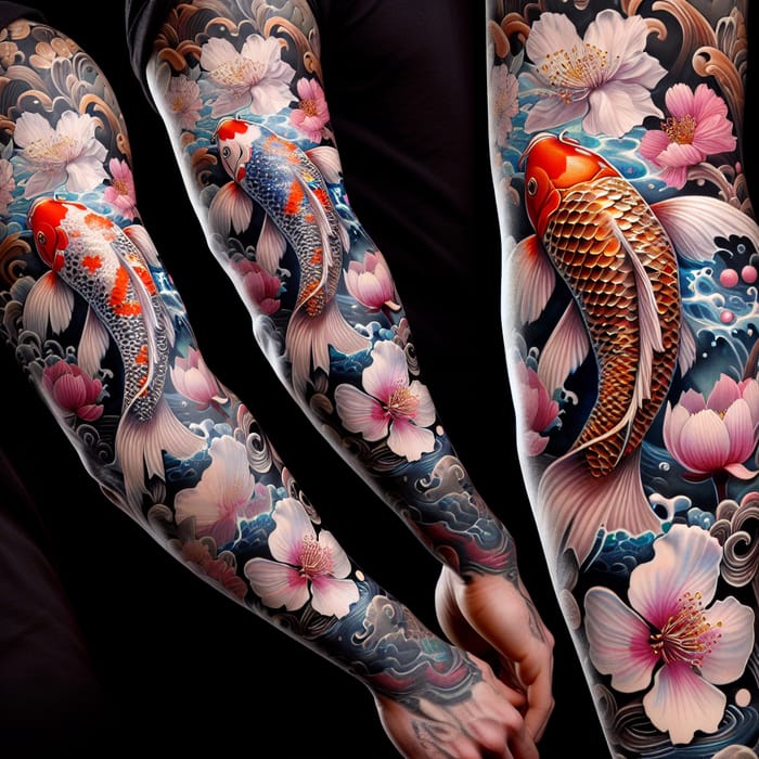 Intricately Designed Koi Fish and Sakura Arm Tattoo