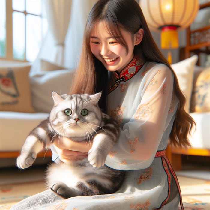 Chinese Girl Playing with American Shorthair Cat