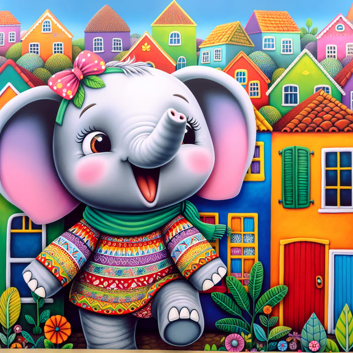 Vibrant Small Town with Happy Baby Elephant - Children's Book Illustration