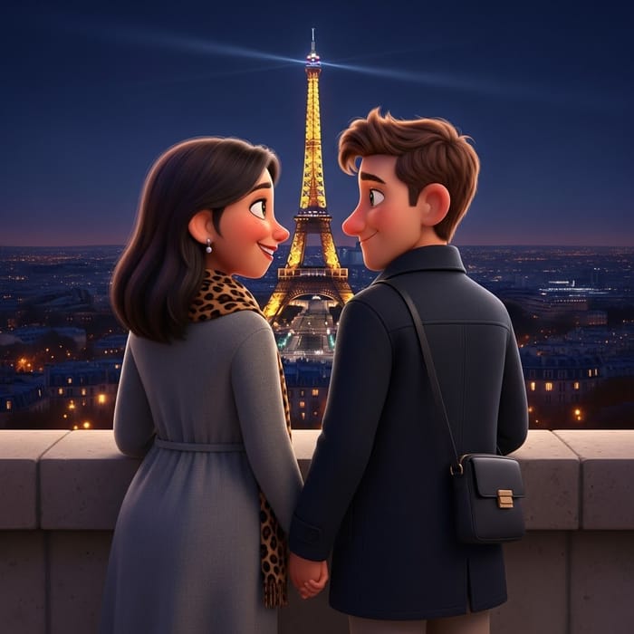 Pixar-Style Couple Illustration with Eiffel Tower Pixar-Style Couple Illustration with Eiffel Tower