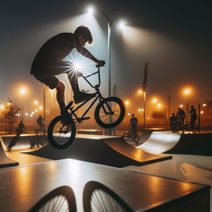 BMX Bike Tricks in Skate Park at Night