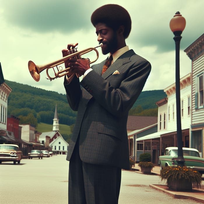 Talented Black Man Playing Trumpet in Small Plaza