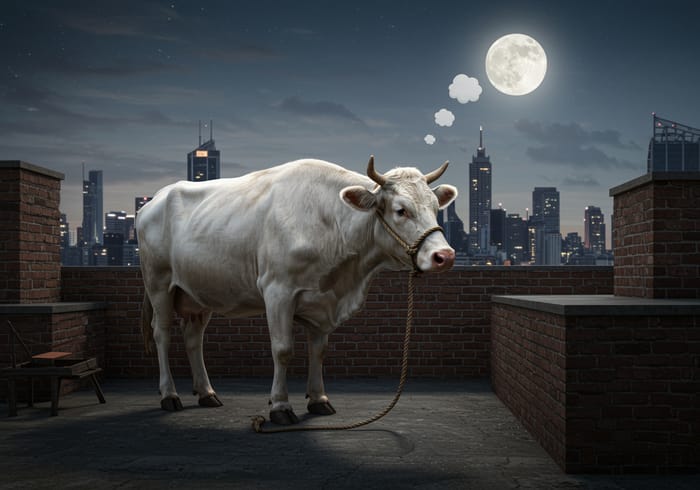 Sad White Cow in Urban Setting – Storybook Art Sad White Cow in Urban Setting – Storybook Art