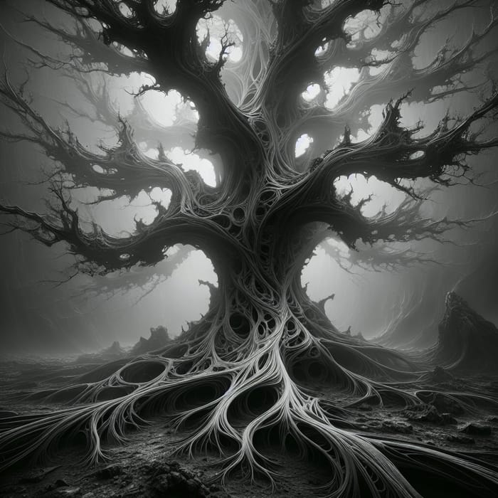 Ethereal Binary Tree: Intricate Monochrome Capture of Dread