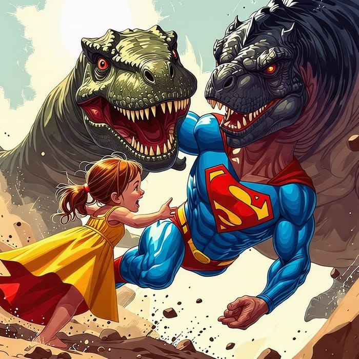 SuperMan Saves Girl from Dinosaur - Detailed Photo
