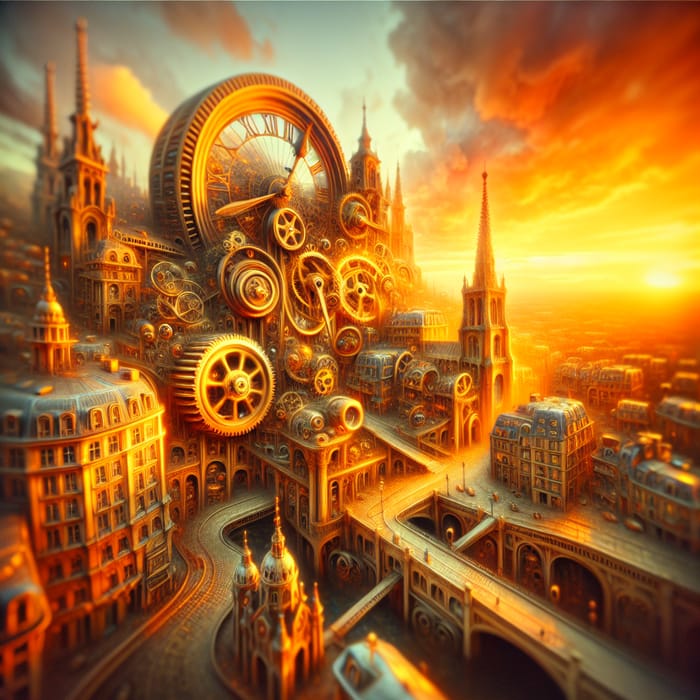 Surreal Clockwork City at Sunset | Salvador Dali Inspired