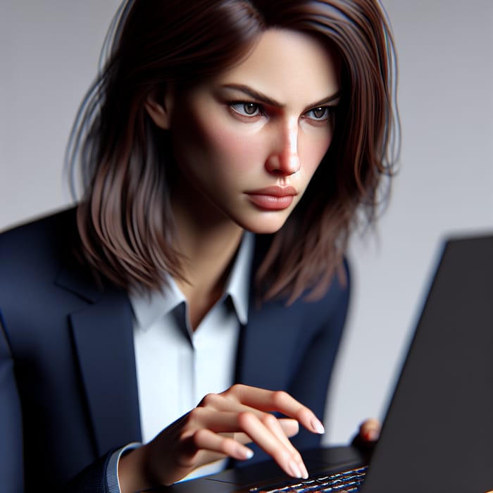 Professional Businesswoman in Navy Blue Suit Using MacBook Pro