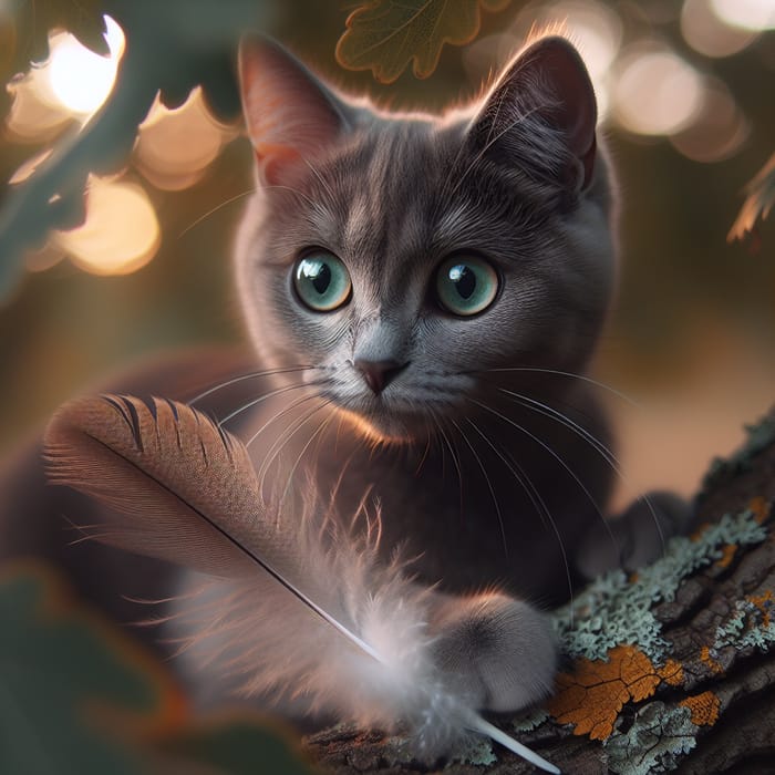 Sleek Gray Domestic Cat Playing with Feather